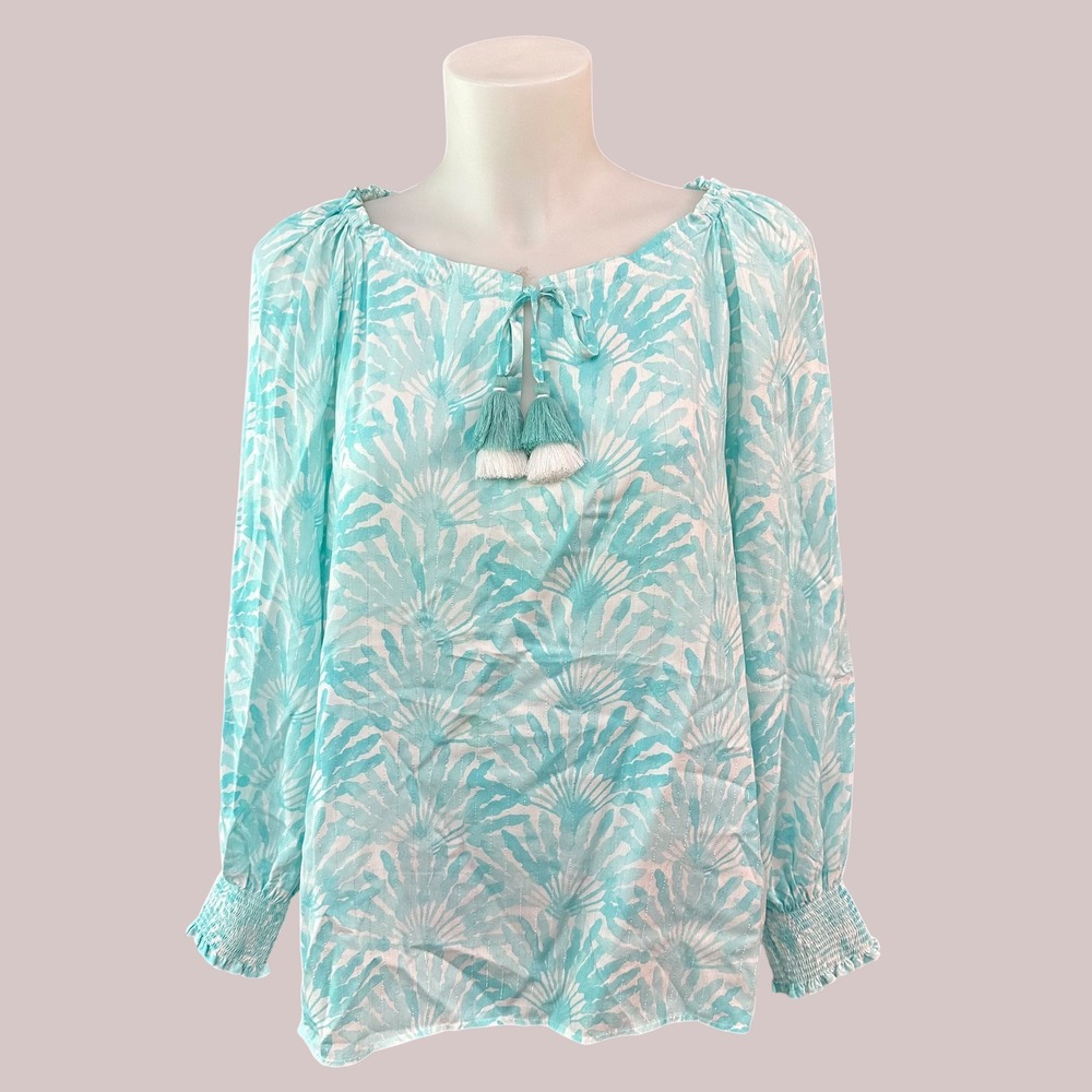 Vineyard Vines Traveling Palm Popover Top Tassel Accent Blue Smocked Cuffs sz S